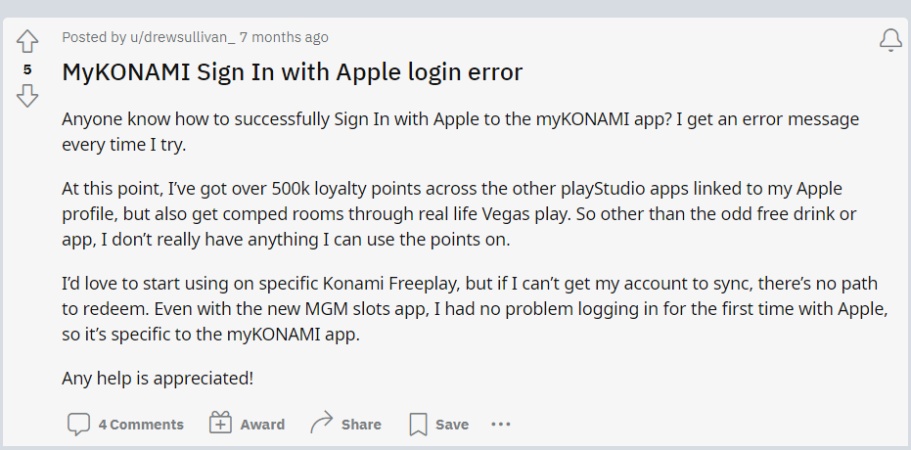 MyKONAMI Sign In with Apple login error