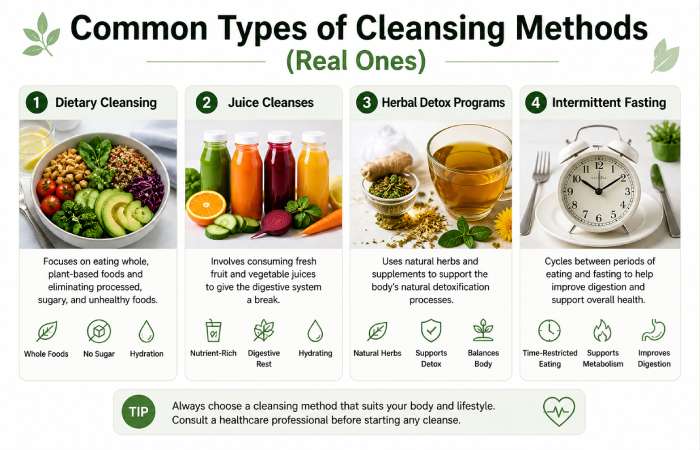 types of cleansing methods dietary cleansing juice cleanses herbal detox intermittent fasting explained