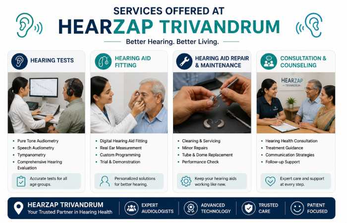 hearzap trivandrum services hearing test fitting repair maintenance consultation counseling india